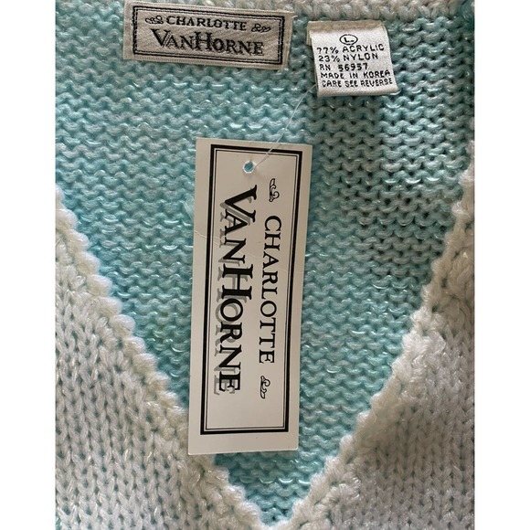Vintage Charlotte VanHorne Turquoise Blue White Embellished V Neck Sweater Sz L - Picture 9 of 10